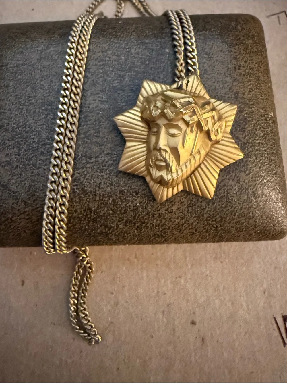 Theda Jesus Face charm with chain 12k GP